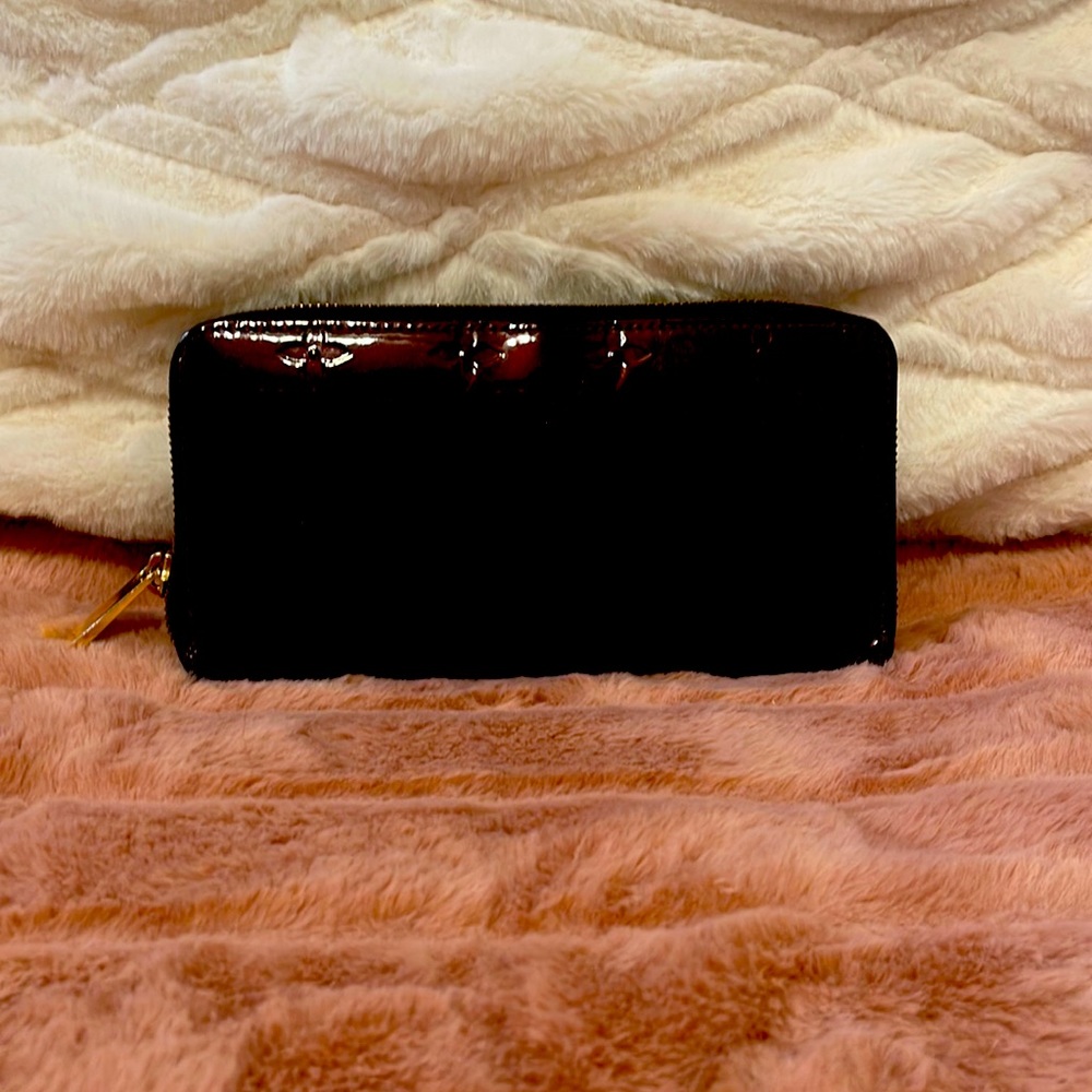 Authentic Louis Vuitton Patent Burgundy Signature Zip Wallet